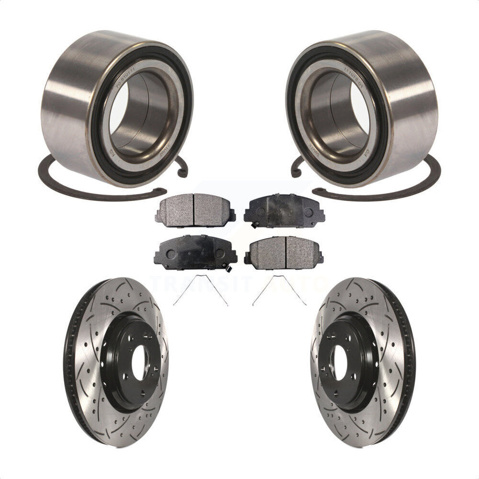 Front Wheel Bearing With Coated Drilled Slotted Disc Brake Rotors And Ceramic Pads Kit For 2017-2018 Acura ILX KBB-101237 by Transit Auto