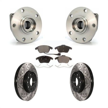 Front Hub Bearing Assembly With Coated Drilled Slotted Disc Brake Rotors And Semi-Metallic Pads Kit For 2006-2009 Volkswagen Rabbit 3 Bolt Mounting Flange KBB-102895 by Transit Auto