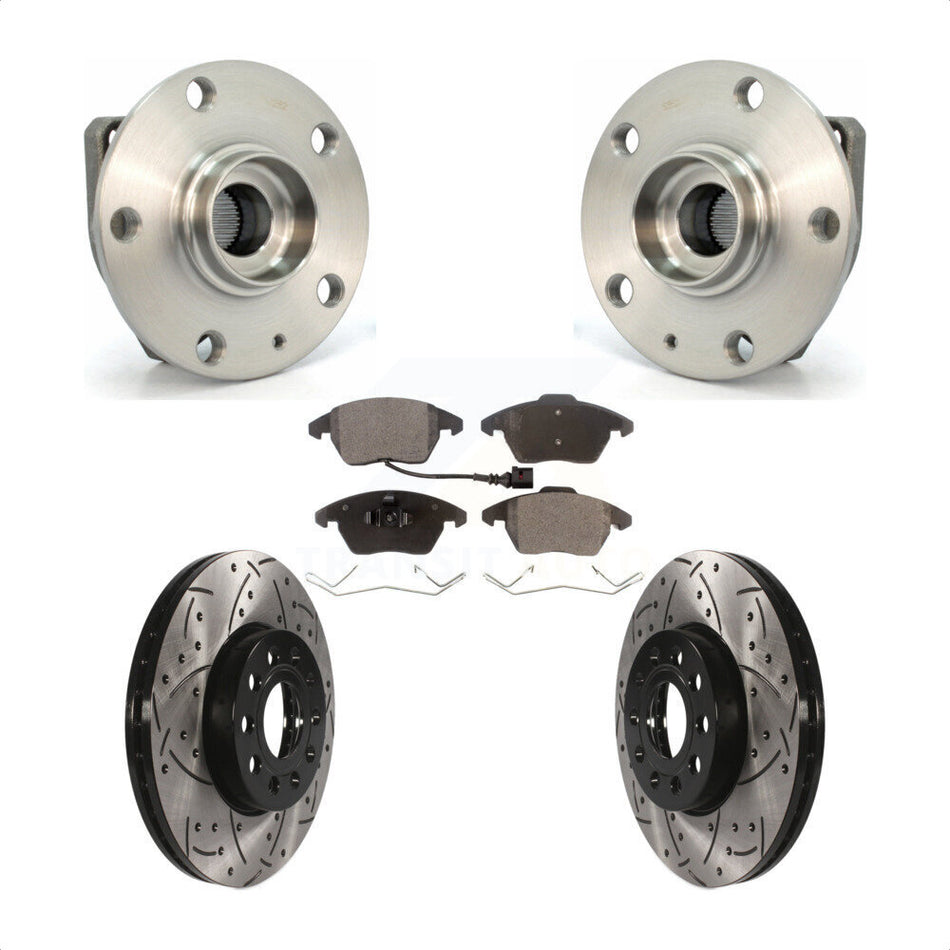 Front Hub Bearing Assembly With Coated Drilled Slotted Disc Brake Rotors And Semi-Metallic Pads Kit For 2006-2009 Volkswagen Rabbit 3 Bolt Mounting Flange KBB-102895 by Transit Auto