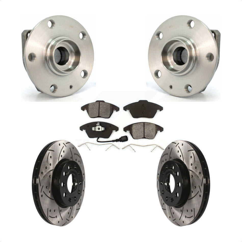 Front Hub Bearing Assembly With Coated Drilled Slotted Disc Brake Rotors And Semi-Metallic Pads Kit For 2006-2009 Volkswagen Rabbit 3 Bolt Mounting Flange KBB-103089 by Transit Auto
