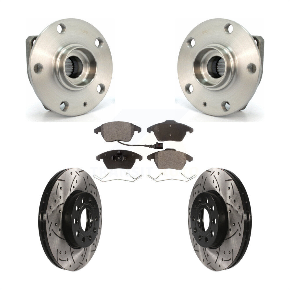 Front Hub Bearing Assembly With Coated Drilled Slotted Disc Brake Rotors And Ceramic Pads Kit For 2006-2009 Volkswagen Rabbit 3 Bolt Mounting Flange KBB-103288 by Transit Auto