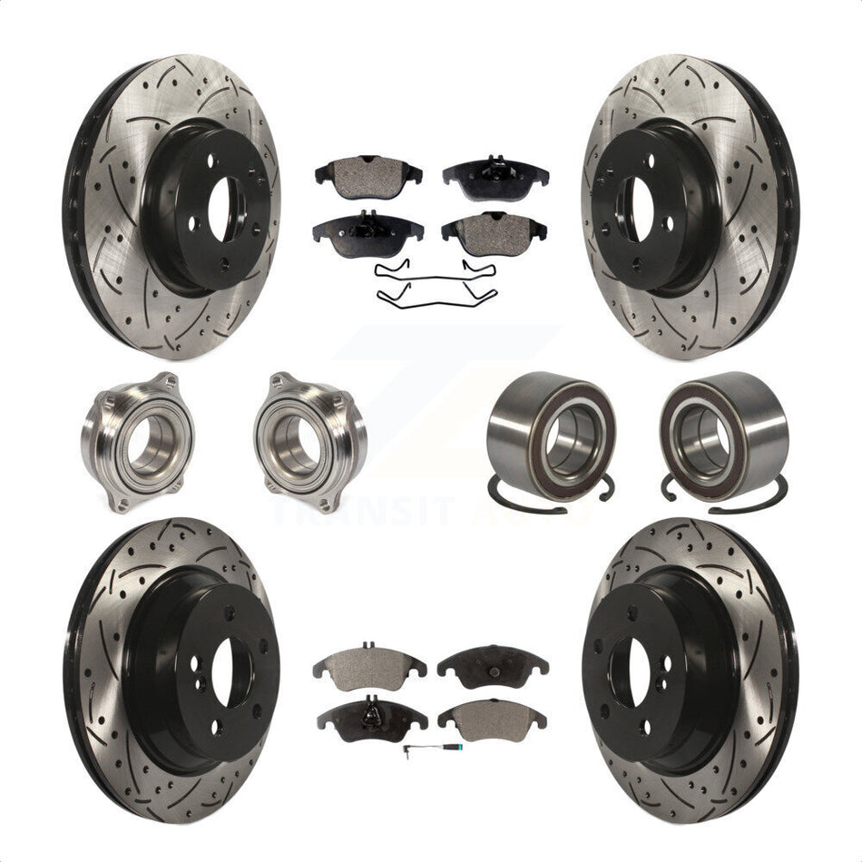 Front Rear Wheel Hub Bearings Assembly Coated Disc Brake Rotors And Semi-Metallic Pads Kit (10Pc) For 2014 Mercedes-Benz E350 Convertible Coupe With 322mm Diameter Rotor KBB-107364 by Transit Auto