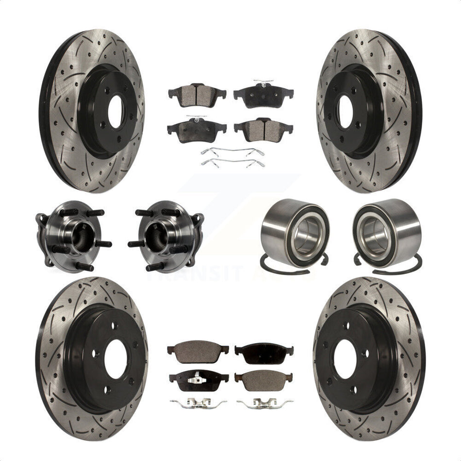 Front Rear Wheel Hub Bearings Assembly Coated Disc Brake Rotors And Semi-Metallic Pads Kit (10Pc) For 2013 Ford Focus ST Without Active Park Assist KBB-107379 by Transit Auto
