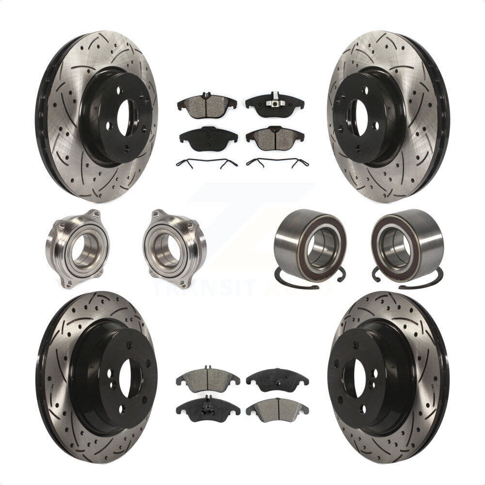 Front Rear Wheel Hub Bearings Assembly Coated Disc Brake Rotors And Semi-Metallic Pads Kit (10Pc) For 2014 Mercedes-Benz E350 Convertible Coupe With 322mm Diameter Rotor KBB-107463 by Transit Auto