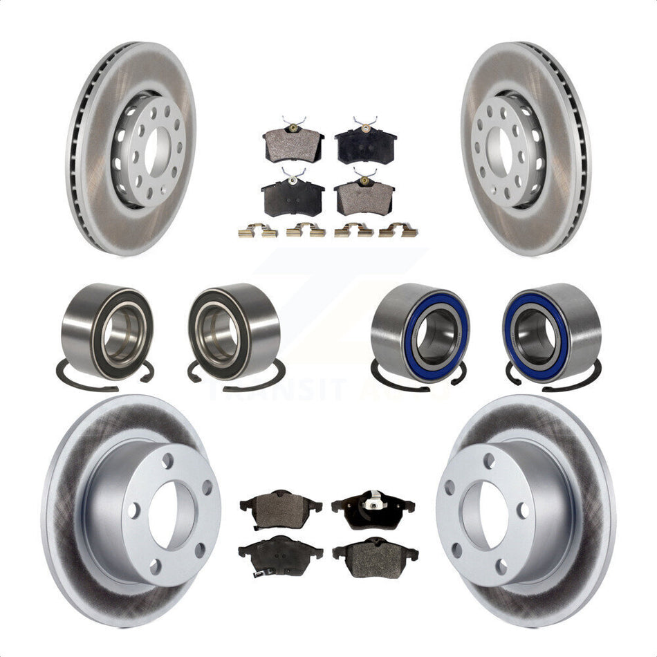 Front Rear Wheel Bearings Coated Disc Brake Rotors And Semi-Metallic Pads Kit (10Pc) For 1999 Volkswagen Passat FWD with 1.8L From Chassis VIN #3BX124708 KBB-107912 by Transit Auto