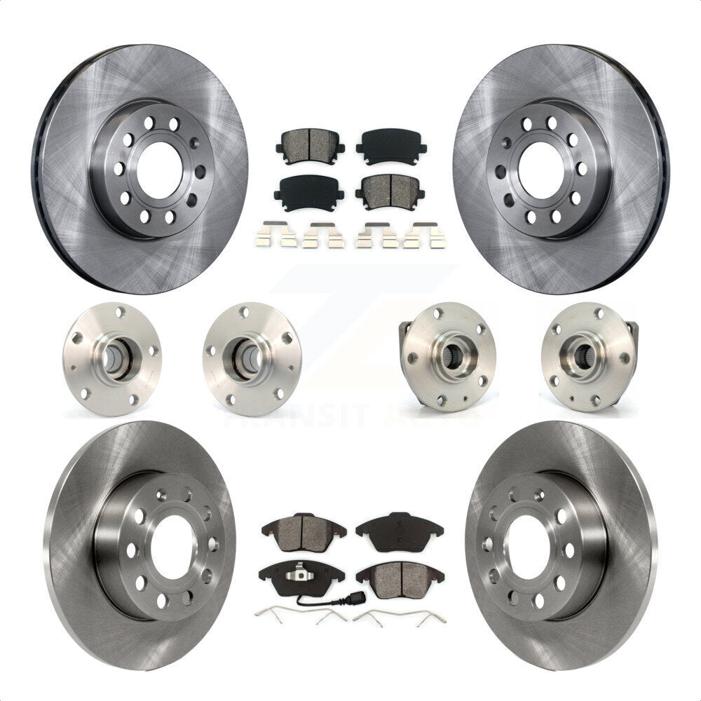 Front Rear Hub Bearings Assembly Disc Brake Rotors And Semi-Metallic Pads Kit (10Pc) For 2006-2009 Volkswagen Rabbit 3 Bolt Mounting Flange KBB-109614 by Transit Auto