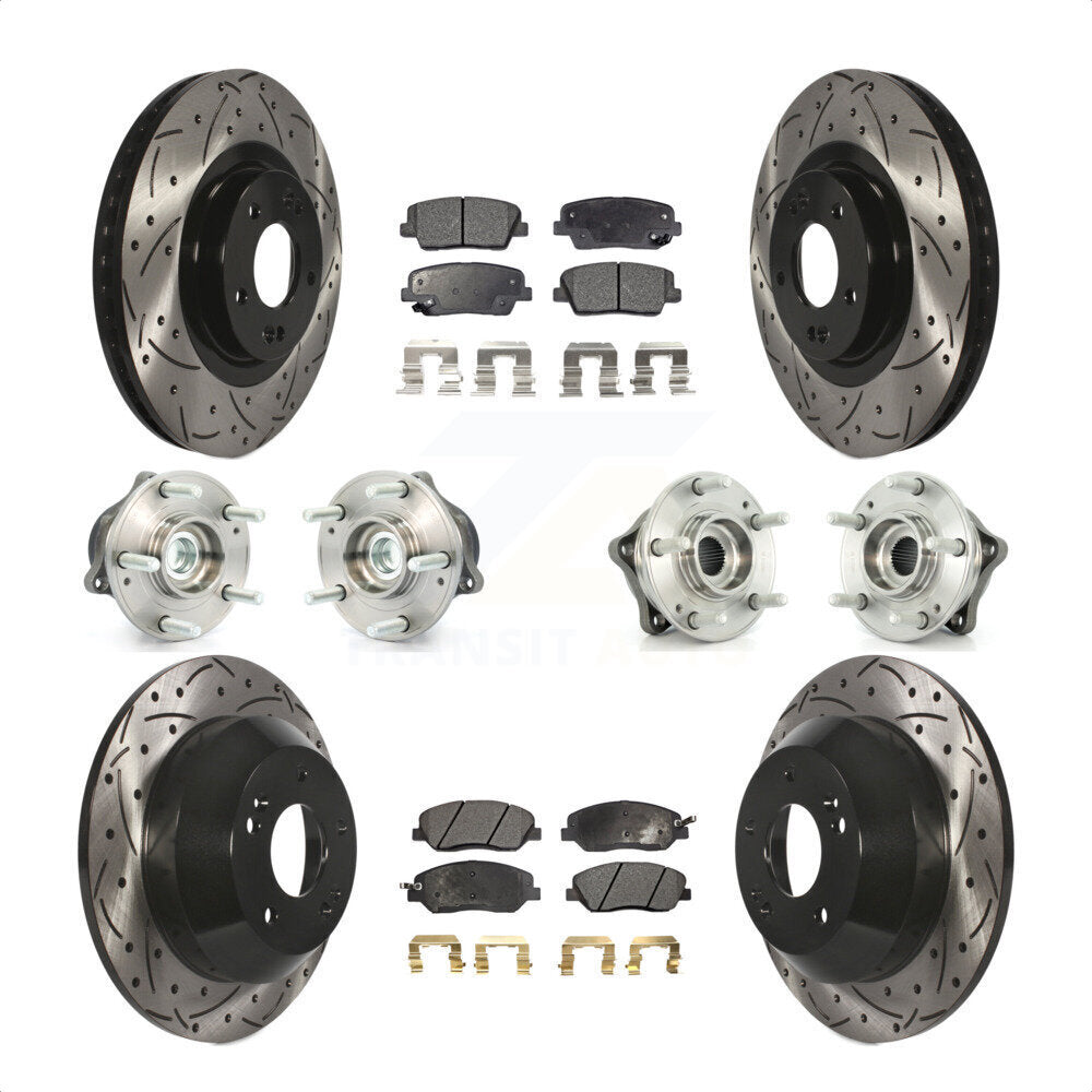 Front Rear Hub Bearings Assembly Coated Disc Brake Rotors And Semi-Metallic Pads Kit (10Pc) For 2013-2014 Hyundai Santa Fe FWD with 3.3L With ABS Brakes KBB-110766 by Transit Auto