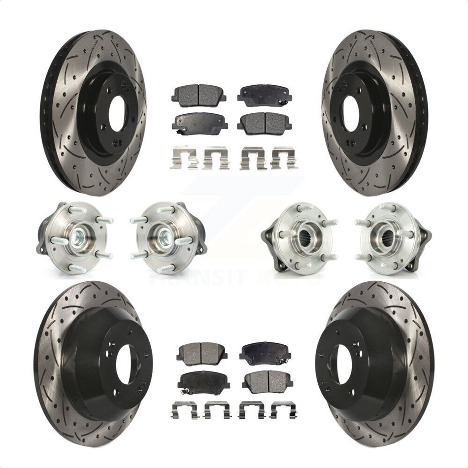 Front Rear Hub Bearings Assembly Coated Disc Brake Rotors And Semi-Metallic Pads Kit (10Pc) For 2013-2014 Hyundai Santa Fe Sport FWD with 2.4L 2.0L KBB-110767 by Transit Auto