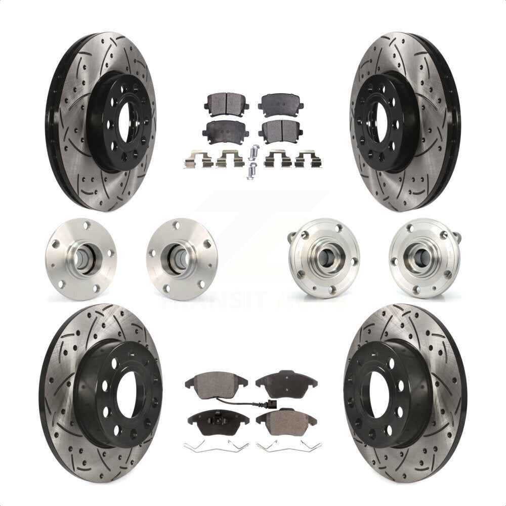 Front Rear Hub Bearings Assembly Coated Disc Brake Rotors And Semi-Metallic Pads Kit (10Pc) For 2006-2009 Volkswagen Rabbit 4 Bolt Mounting Flange KBB-110778 by Transit Auto
