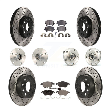 Front Rear Hub Bearings Assembly Coated Disc Brake Rotors And Semi-Metallic Pads Kit (10Pc) For 2006-2009 Volkswagen Rabbit 4 Bolt Mounting Flange KBB-110778 by Transit Auto