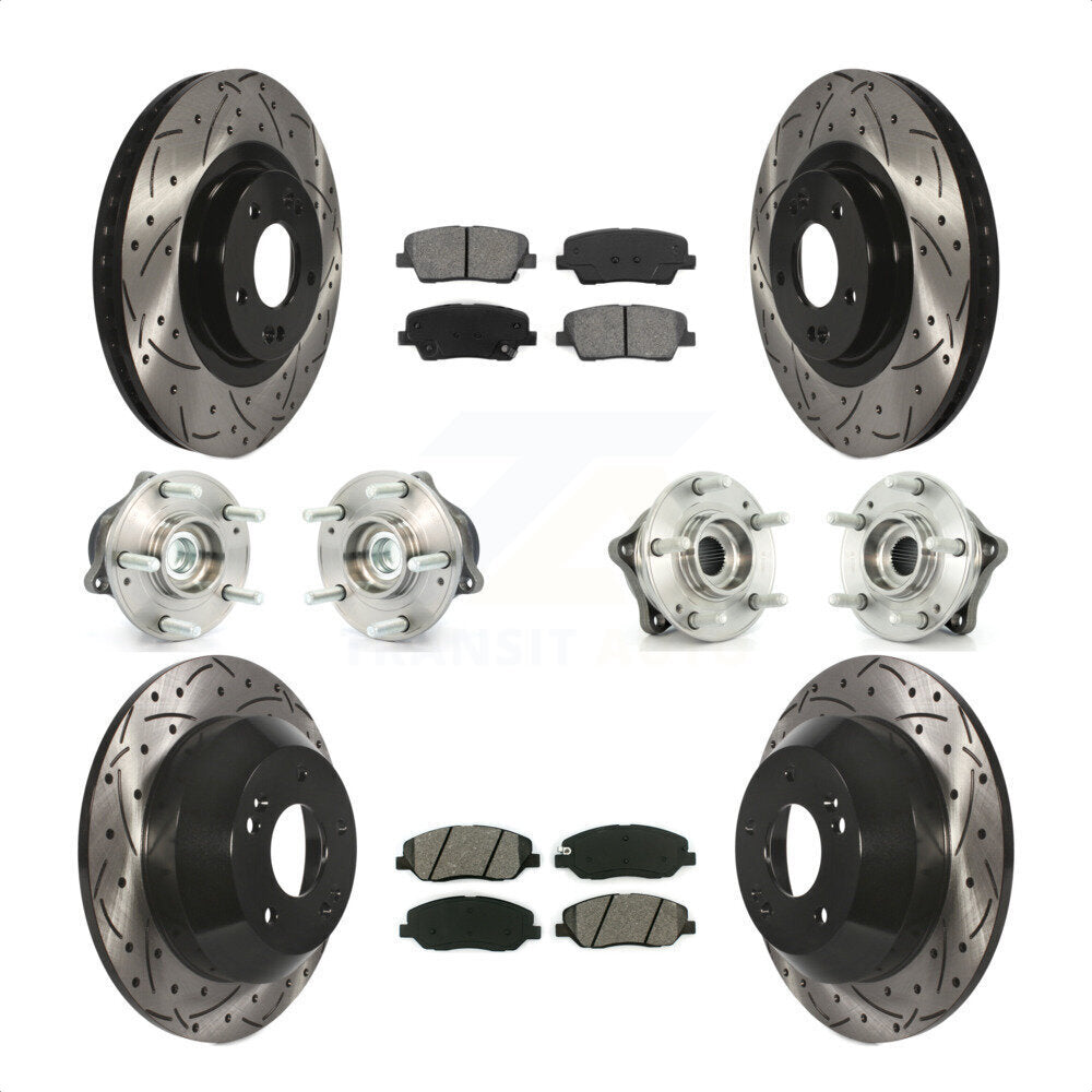 Front Rear Hub Bearings Assembly Coated Disc Brake Rotors And Semi-Metallic Pads Kit (10Pc) For 2013-2014 Hyundai Santa Fe FWD with 3.3L With ABS Brakes KBB-110986 by Transit Auto