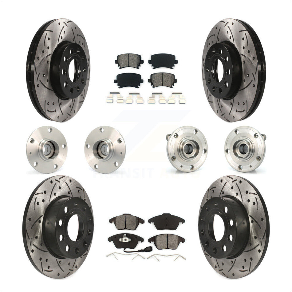 Front Rear Hub Bearings Assembly Coated Disc Brake Rotors And Semi-Metallic Pads Kit (10Pc) For 2006-2009 Volkswagen Rabbit 4 Bolt Mounting Flange KBB-110998 by Transit Auto