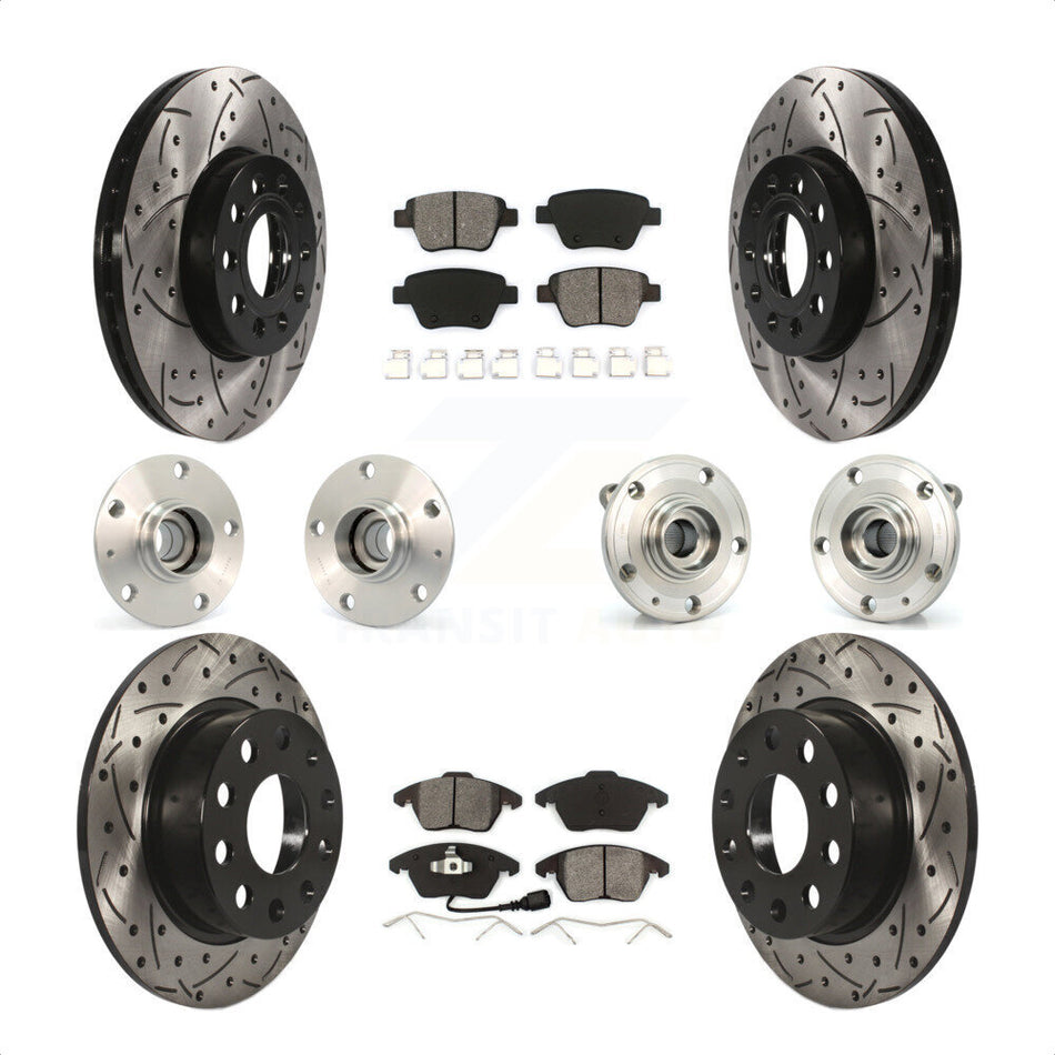 Front Rear Hub Bearings Assembly Coated Disc Brake Rotors And Semi-Metallic Pads Kit (10Pc) For 2013 Volkswagen Beetle 2.5L With 253mm Diameter Rotor KBB-111000 by Transit Auto