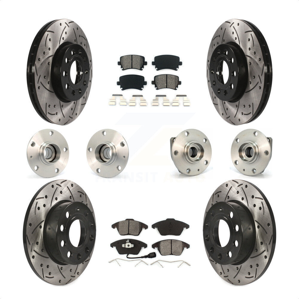 Front Rear Hub Bearings Assembly Coated Disc Brake Rotors And Semi-Metallic Pads Kit (10Pc) For 2006-2009 Volkswagen Rabbit 3 Bolt Mounting Flange KBB-111005 by Transit Auto