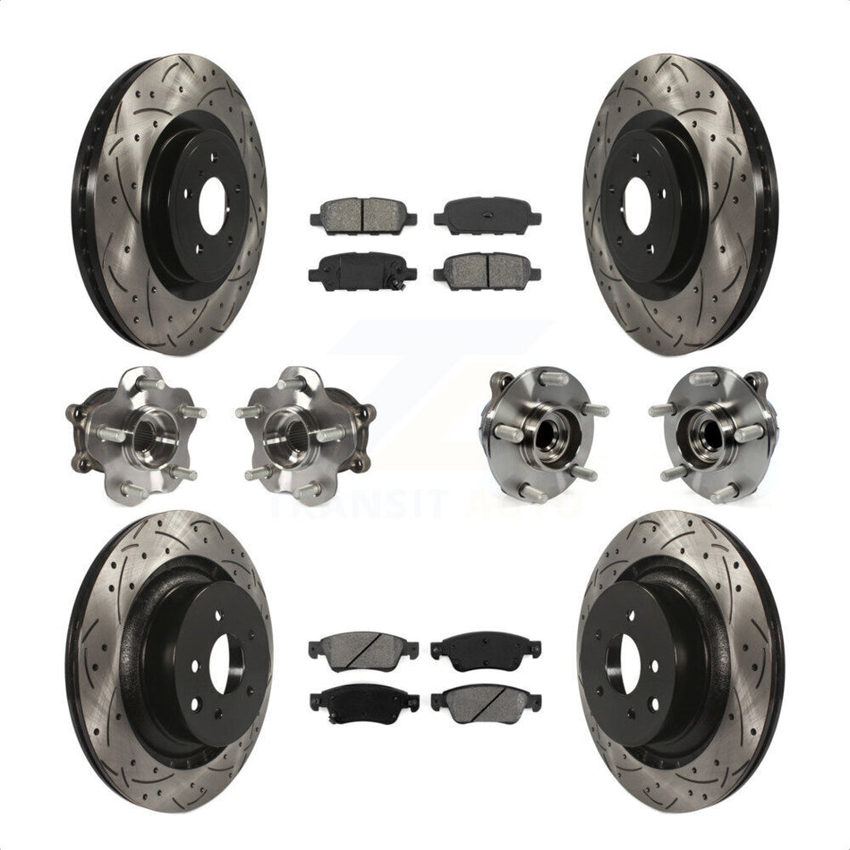 Front Rear Hub Bearings Assembly Coated Disc Brake Rotors And Semi-Metallic Pads Kit (10Pc) For 2014 INFINITI Q60 Sport with RWD Without Package KBB-111035 by Transit Auto