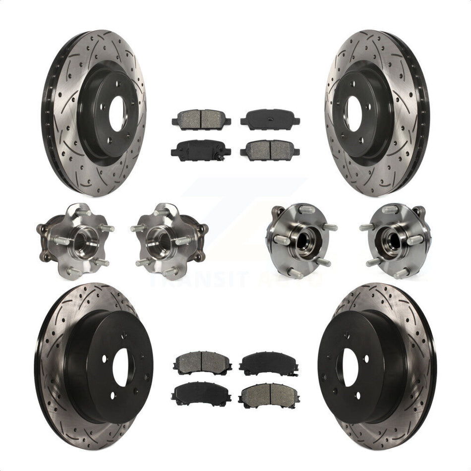 Front Rear Hub Bearings Assembly Coated Disc Brake Rotors And Semi-Metallic Pads Kit (10Pc) For INFINITI Q50 Base Premium with RWD KBB-111038 by Transit Auto