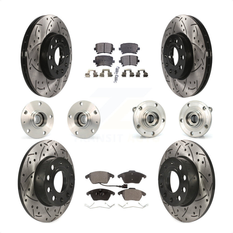 Front Rear Hub Bearings Assembly Coated Disc Brake Rotors And Ceramic Pads Kit (10Pc) For 2006-2009 Volkswagen Rabbit 4 Bolt Mounting Flange KBB-111217 by Transit Auto