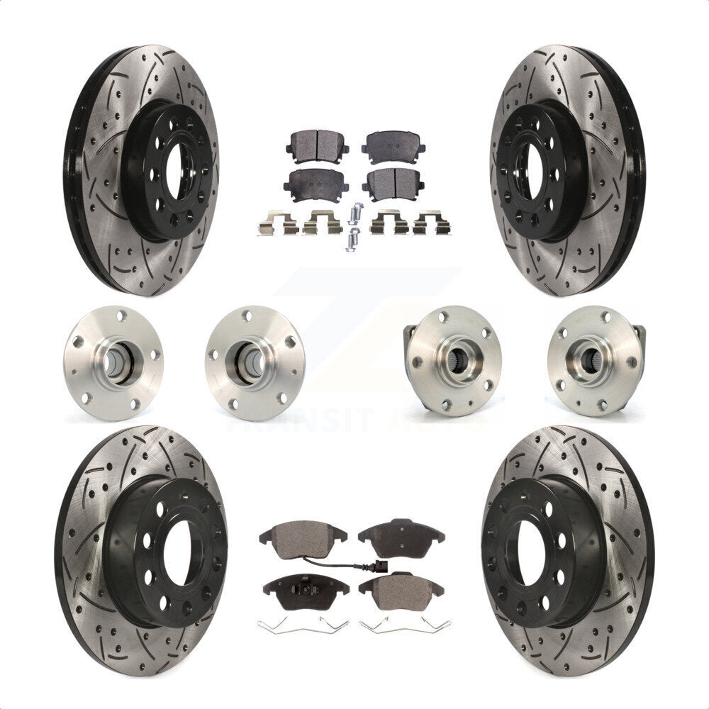 Front Rear Hub Bearings Assembly Coated Disc Brake Rotors And Ceramic Pads Kit (10Pc) For 2006-2009 Volkswagen Rabbit 3 Bolt Mounting Flange KBB-111224 by Transit Auto