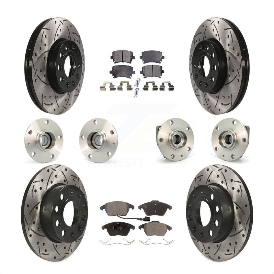 Front Rear Hub Bearings Assembly Coated Disc Brake Rotors And Ceramic Pads Kit (10Pc) For 2006-2009 Volkswagen Rabbit 3 Bolt Mounting Flange KBB-111224 by Transit Auto