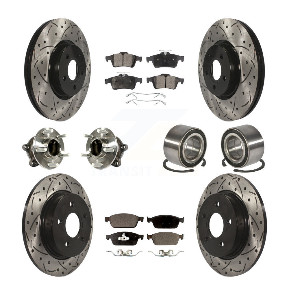 Front Rear Wheel Hub Bearings Assembly Coated Disc Brake Rotors And Semi-Metallic Pads Kit (10Pc) For 2013 Ford Focus ST with GAS engine With Parking Assist KBB-113173 by Transit Auto