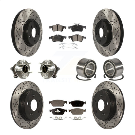 Front Rear Wheel Hub Bearings Assembly Coated Disc Brake Rotors And Semi-Metallic Pads Kit (10Pc) For 2013 Ford Focus ST with GAS engine With Parking Assist KBB-113173 by Transit Auto