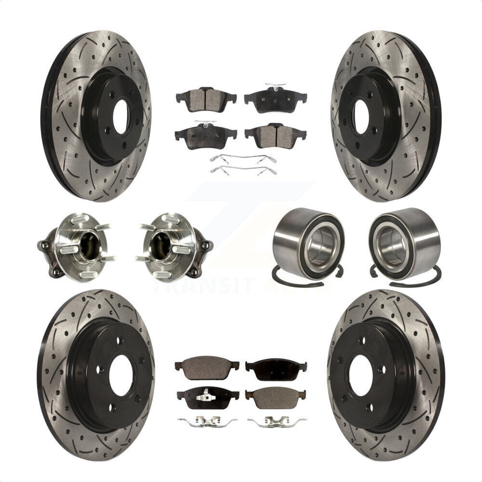 Front Rear Wheel Hub Bearings Assembly Coated Disc Brake Rotors And Ceramic Pads Kit (10Pc) For 2013 Ford Focus ST with GAS engine With Parking Assist KBB-113194 by Transit Auto