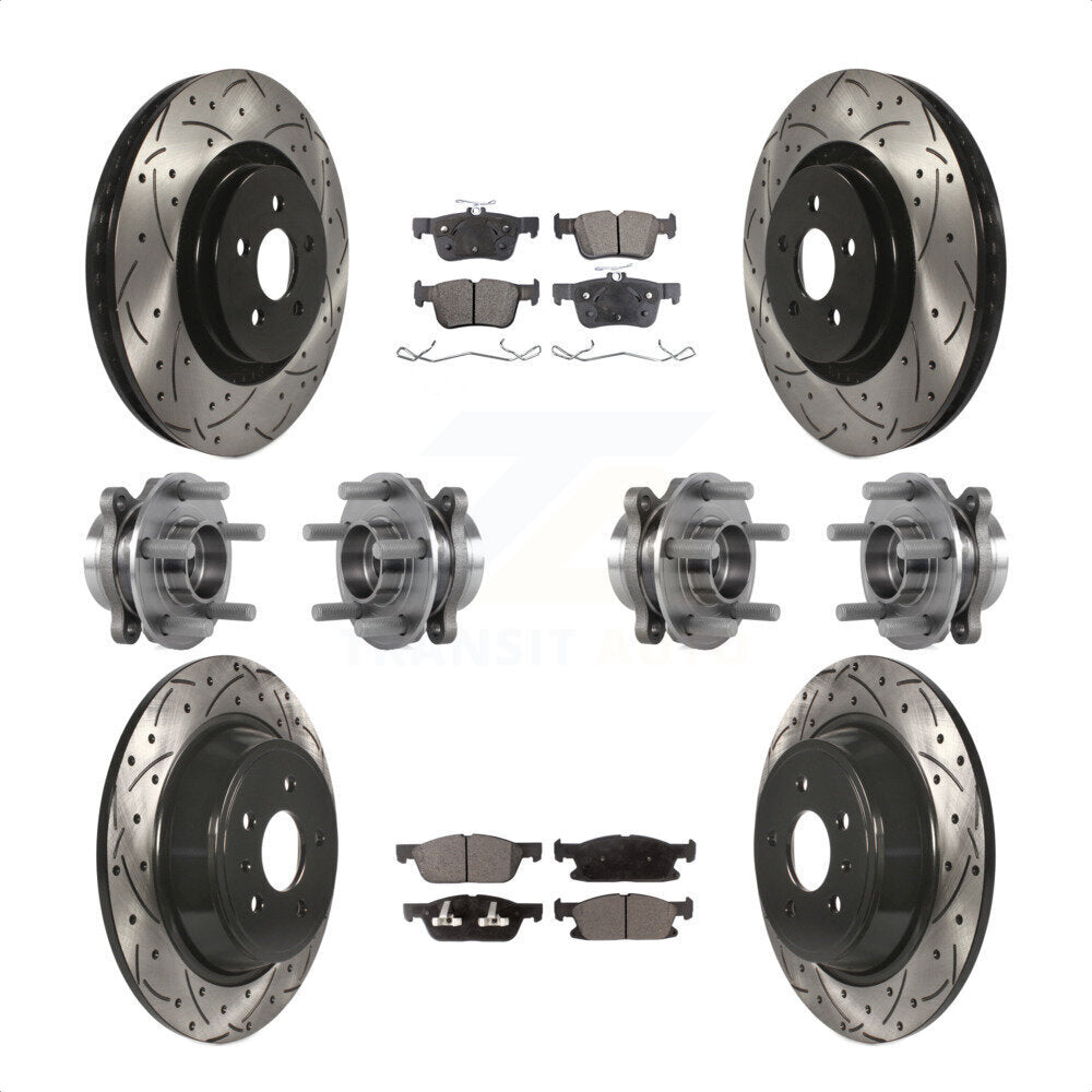 Front Rear Hub Bearings Assembly Coated Disc Brake Rotors And Semi-Metallic Pads Kit (10Pc) For 2017 Lincoln MKX AWD With 14mm Wheel Lugs KBB-113542 by Transit Auto