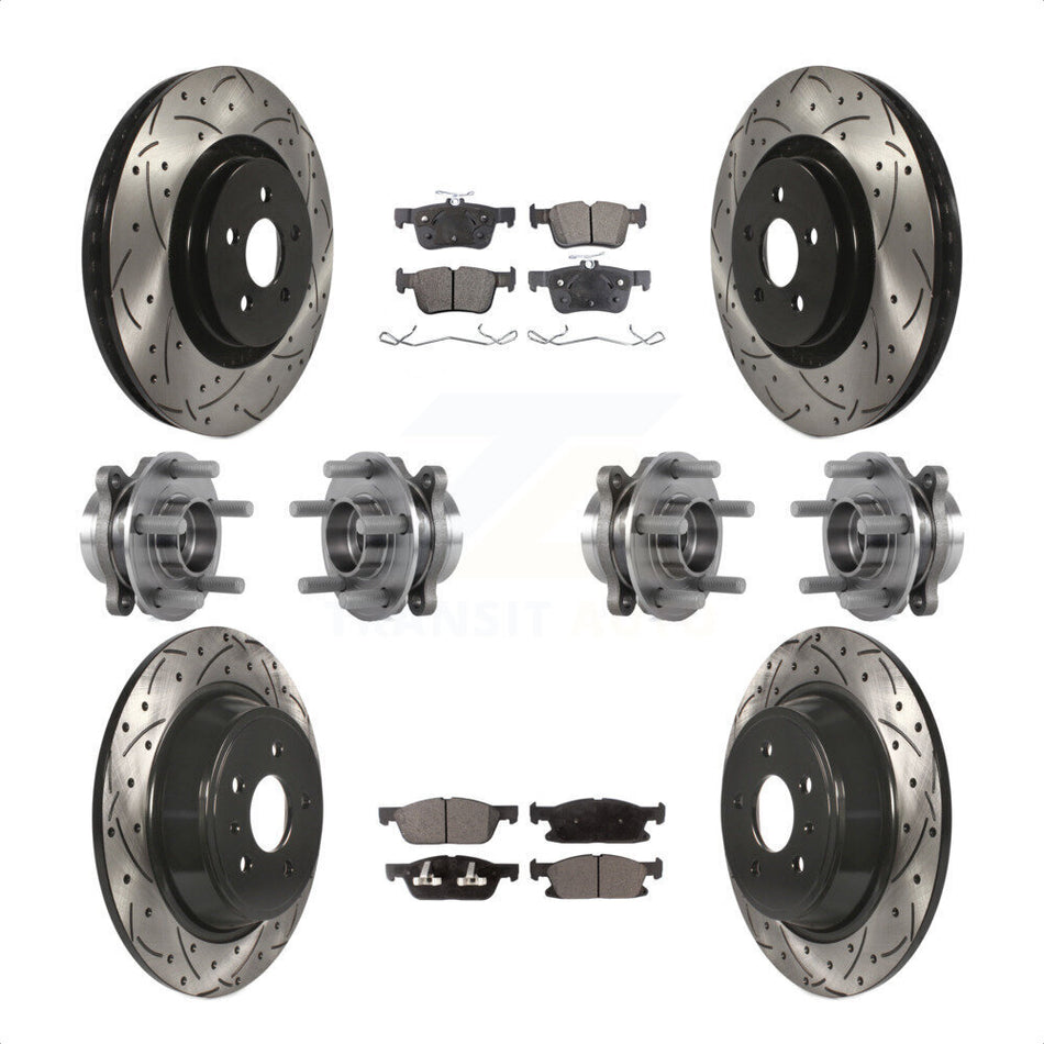 Front Rear Hub Bearings Assembly Coated Disc Brake Rotors And Semi-Metallic Pads Kit (10Pc) For 2017 Lincoln MKX AWD With 14mm Wheel Lugs KBB-113542 by Transit Auto