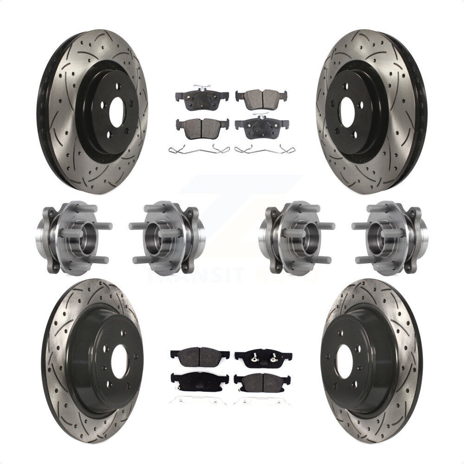 Front Rear Hub Bearings Assembly Coated Disc Brake Rotors And Semi-Metallic Pads Kit (10Pc) For 2017 Lincoln Continental AWD With 14mm Wheel Lugs KBB-113544 by Transit Auto