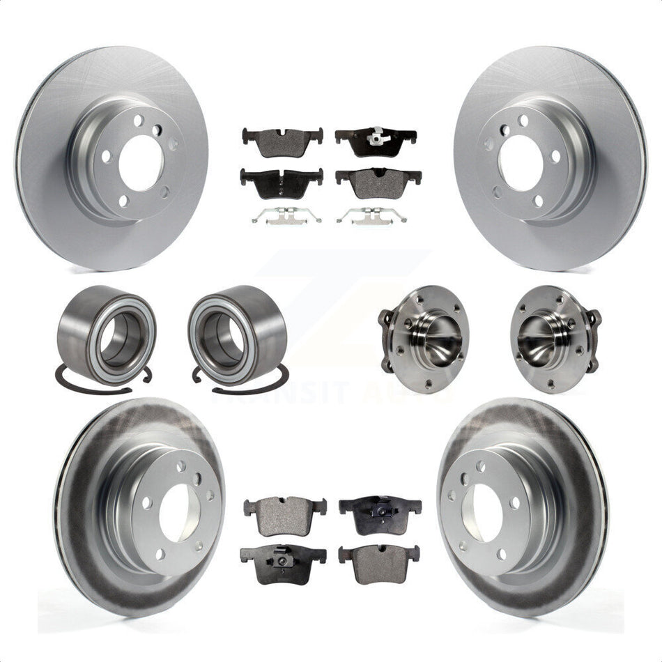Front Rear Hub Bearings Coated Disc Brake Rotors And Semi-Metallic Pads Shoes Kit (10Pc) For 2012 BMW 328i Sedan with 2.0L Without Blue Painted Calipers With M Sport Package KBB-113794 by Transit Auto