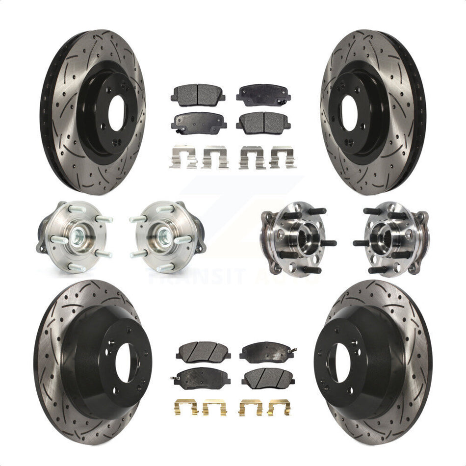 Front Rear Hub Bearings Assembly Coated Disc Brake Rotors And Semi-Metallic Pads Kit (10Pc) For 2015-2016 Hyundai Santa Fe XL FWD with 3.3L KBB-115721 by Transit Auto