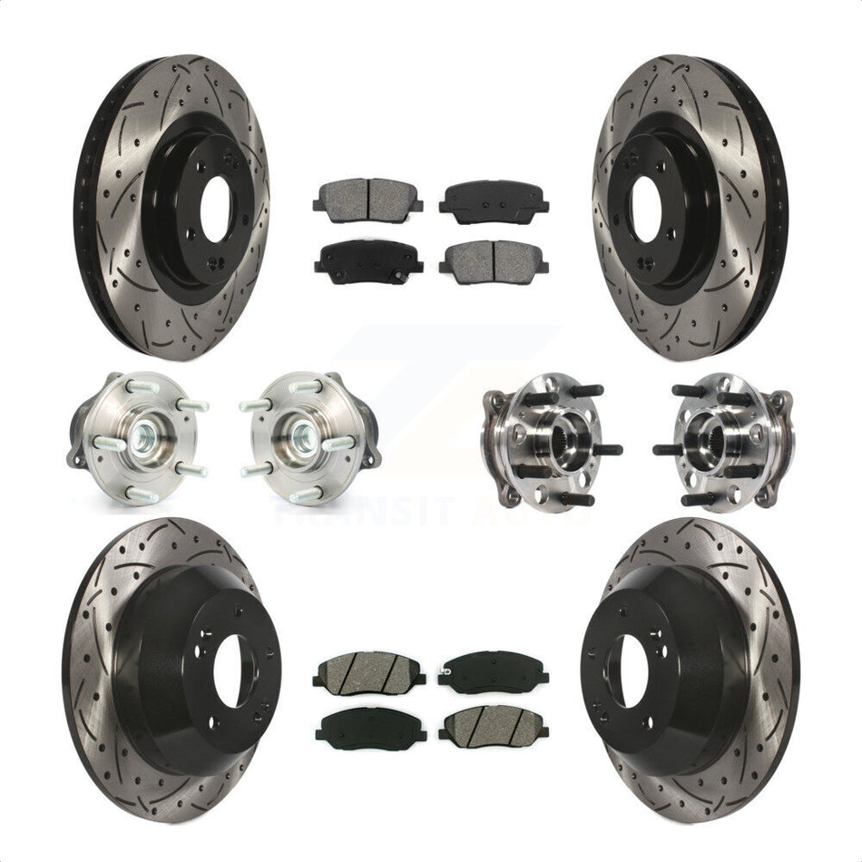 Front Rear Hub Bearings Assembly Coated Disc Brake Rotors And Semi-Metallic Pads Kit (10Pc) For 2015-2016 Hyundai Santa Fe XL FWD with 3.3L KBB-115828 by Transit Auto