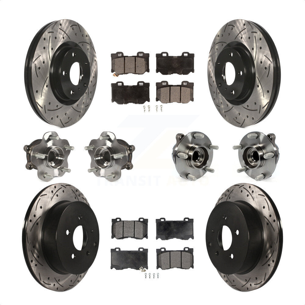 Front Rear Hub Bearings Assembly Coated Disc Brake Rotors And Semi-Metallic Pads Kit (10Pc) For 2017 INFINITI Q70 Hybrid with RWD With Sport Package KBB-116576 by Transit Auto