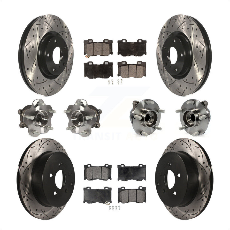 Front Rear Hub Bearings Assembly Coated Disc Brake Rotors And Semi-Metallic Pads Kit (10Pc) For 2017 INFINITI Q70 Hybrid with RWD With Sport Package KBB-116576 by Transit Auto