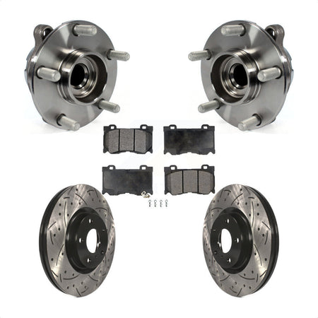 Front Hub Bearing Assembly With Coated Drilled Slotted Disc Brake Rotors And Semi-Metallic Pads Kit For 2017-2018 INFINITI Q70 Hybrid with RWD Sport Package KBB-116601 by Transit Auto