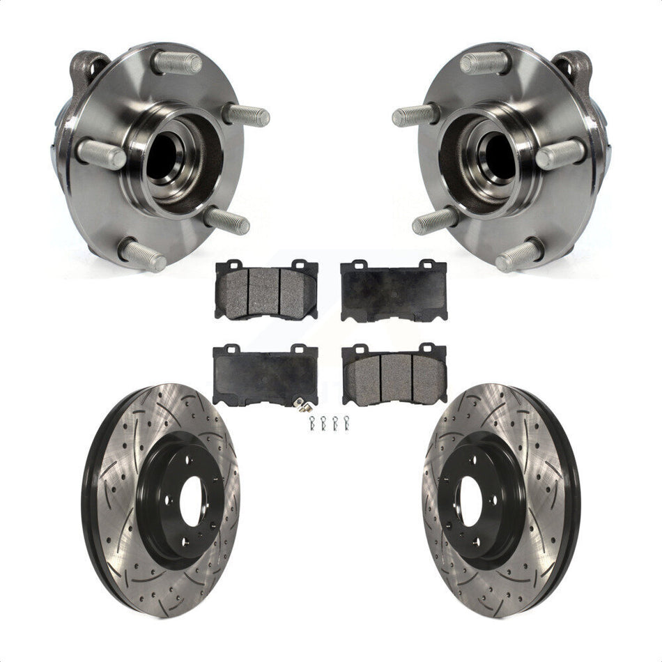 Front Hub Bearing Assembly With Coated Drilled Slotted Disc Brake Rotors And Semi-Metallic Pads Kit For 2017-2018 INFINITI Q70 Hybrid with RWD Sport Package KBB-116601 by Transit Auto