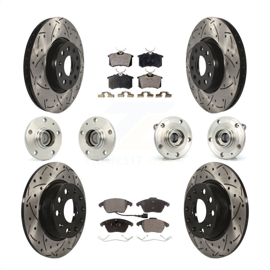 Front Rear Hub Bearings Assembly Coated Disc Brake Rotors And Semi-Metallic Pads Kit (10Pc) For 2014 Volkswagen Beetle R-Line GSR with 2.0L With 272mm Diameter Rotor KBB-116725 by Transit Auto