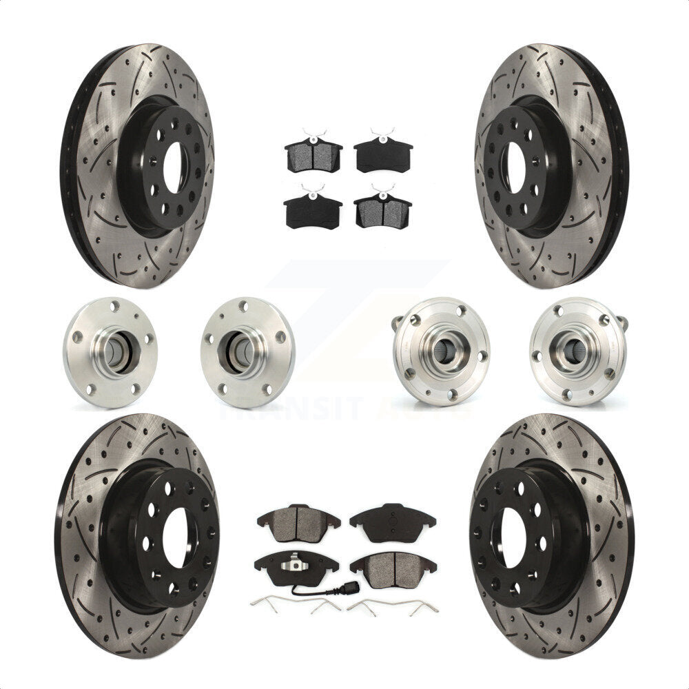 Front Rear Hub Bearings Assembly Coated Disc Brake Rotors And Semi-Metallic Pads Kit (10Pc) For 2014 Volkswagen Beetle R-Line GSR with 2.0L With 272mm Diameter Rotor KBB-116730 by Transit Auto