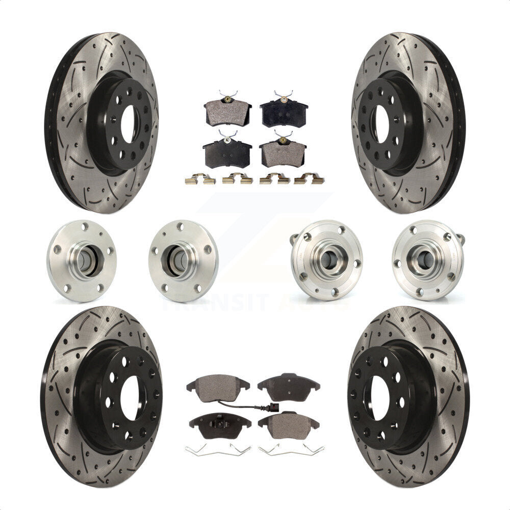 Front Rear Hub Bearings Assembly Coated Disc Brake Rotors And Ceramic Pads Kit (10Pc) For 2014 Volkswagen Beetle R-Line GSR with 2.0L With 272mm Diameter Rotor KBB-116733 by Transit Auto