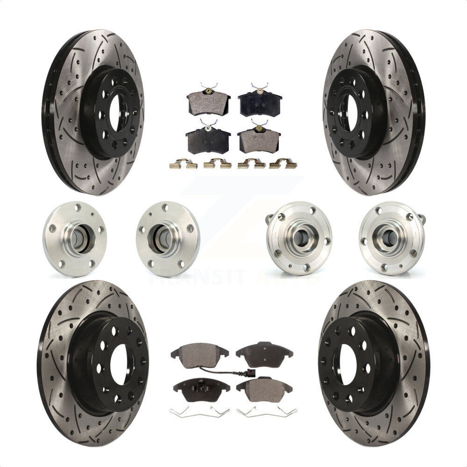 Front Rear Hub Bearings Assembly Coated Disc Brake Rotors And Ceramic Pads Kit (10Pc) For 2014 Volkswagen Beetle Sportline with 2.0L With 272mm Diameter Rotor KBB-116734 by Transit Auto
