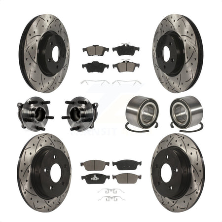 Front Rear Wheel Hub Bearings Assembly Coated Disc Brake Rotors And Ceramic Pads Kit (10Pc) For 2013 Ford Focus ST Without Active Park Assist KBB-117484 by Transit Auto