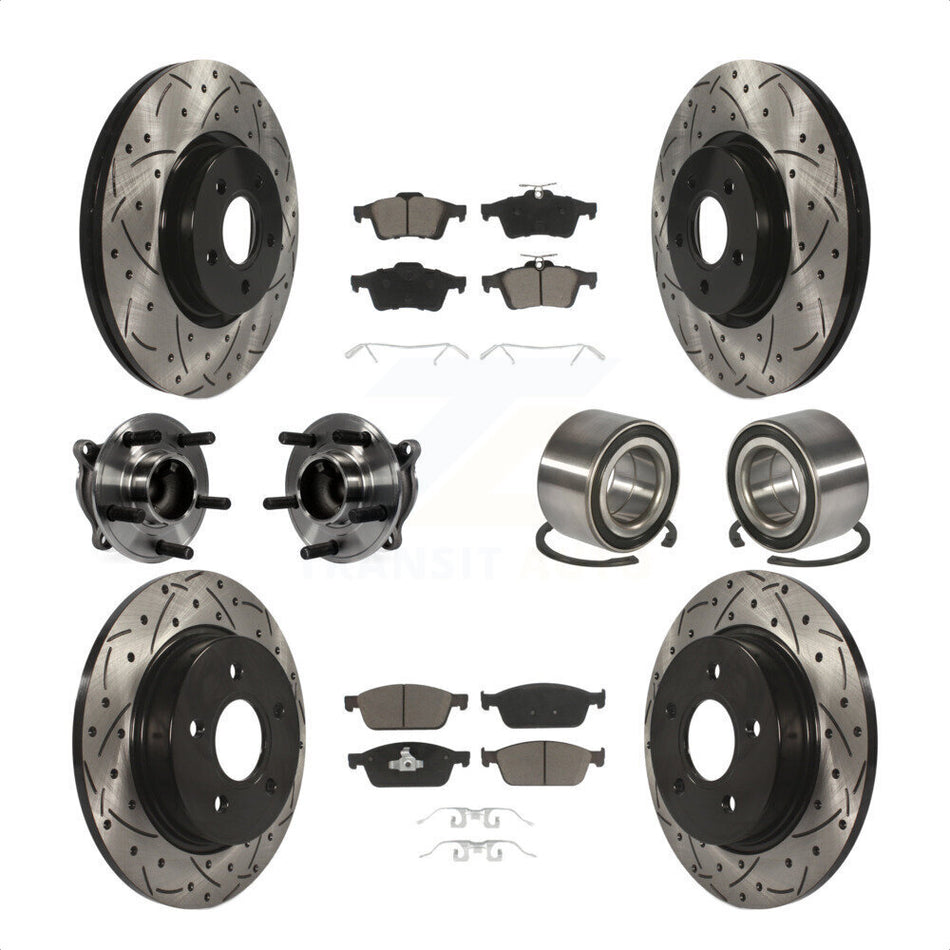 Front Rear Wheel Hub Bearings Assembly Coated Disc Brake Rotors And Ceramic Pads Kit (10Pc) For 2013 Ford Focus ST Without Active Park Assist KBB-117484 by Transit Auto