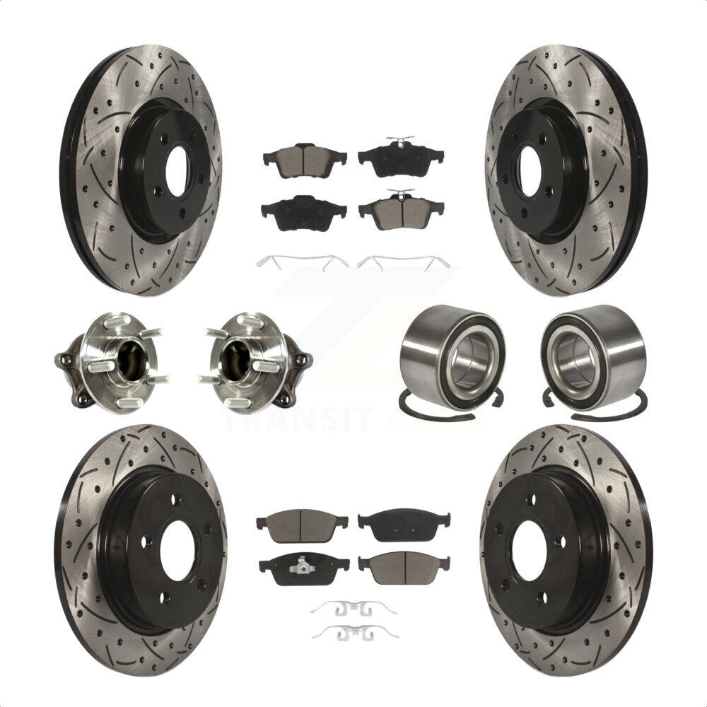 Front Rear Wheel Hub Bearings Assembly Coated Disc Brake Rotors And Ceramic Pads Kit (10Pc) For 2013 Ford Focus ST with GAS engine With Parking Assist KBB-117485 by Transit Auto