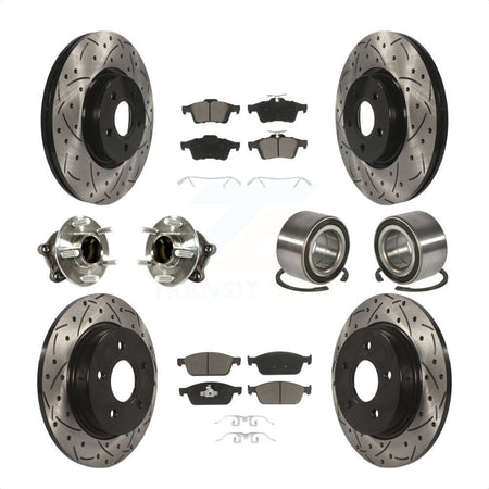 Front Rear Wheel Hub Bearings Assembly Coated Disc Brake Rotors And Ceramic Pads Kit (10Pc) For 2013 Ford Focus ST with GAS engine With Parking Assist KBB-117485 by Transit Auto