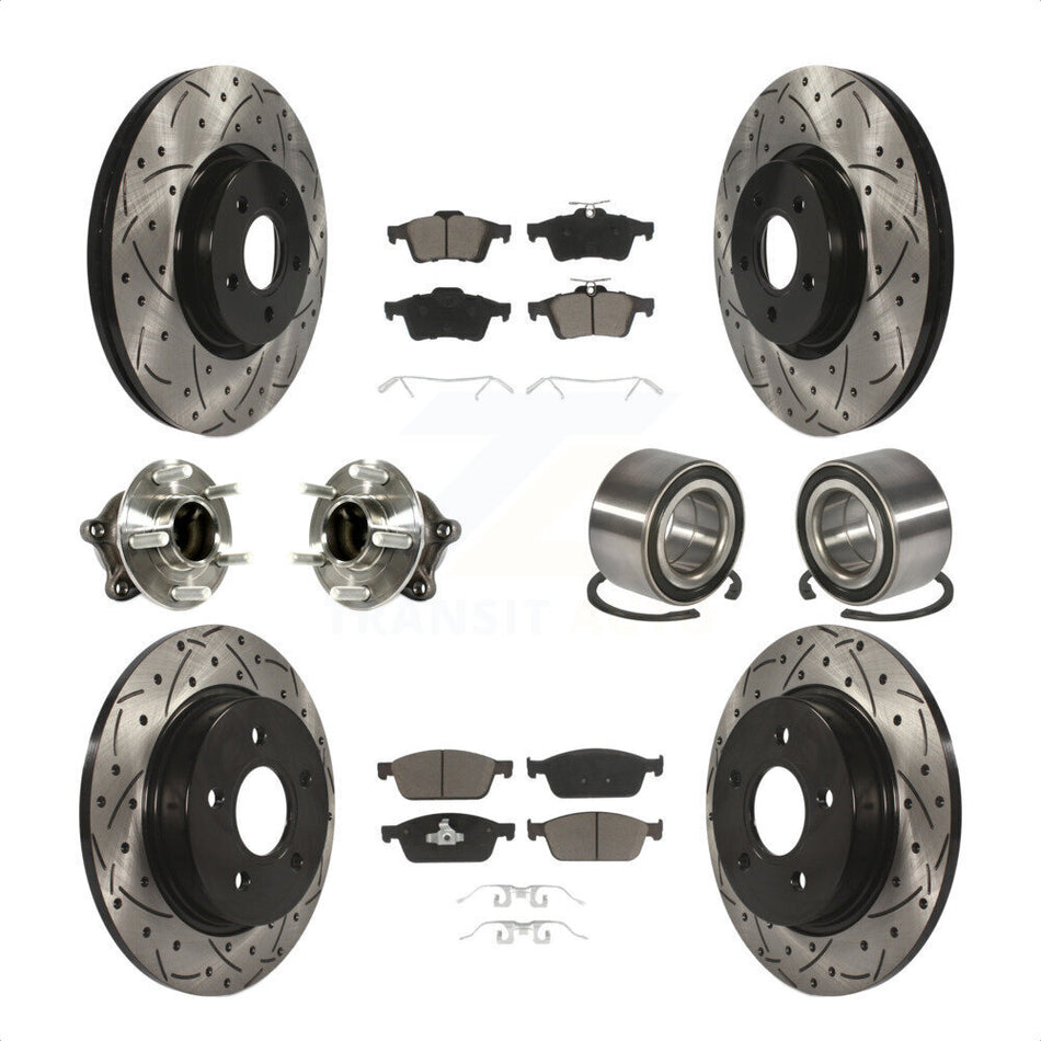 Front Rear Wheel Hub Bearings Assembly Coated Disc Brake Rotors And Ceramic Pads Kit (10Pc) For 2013 Ford Focus ST with GAS engine With Parking Assist KBB-117485 by Transit Auto