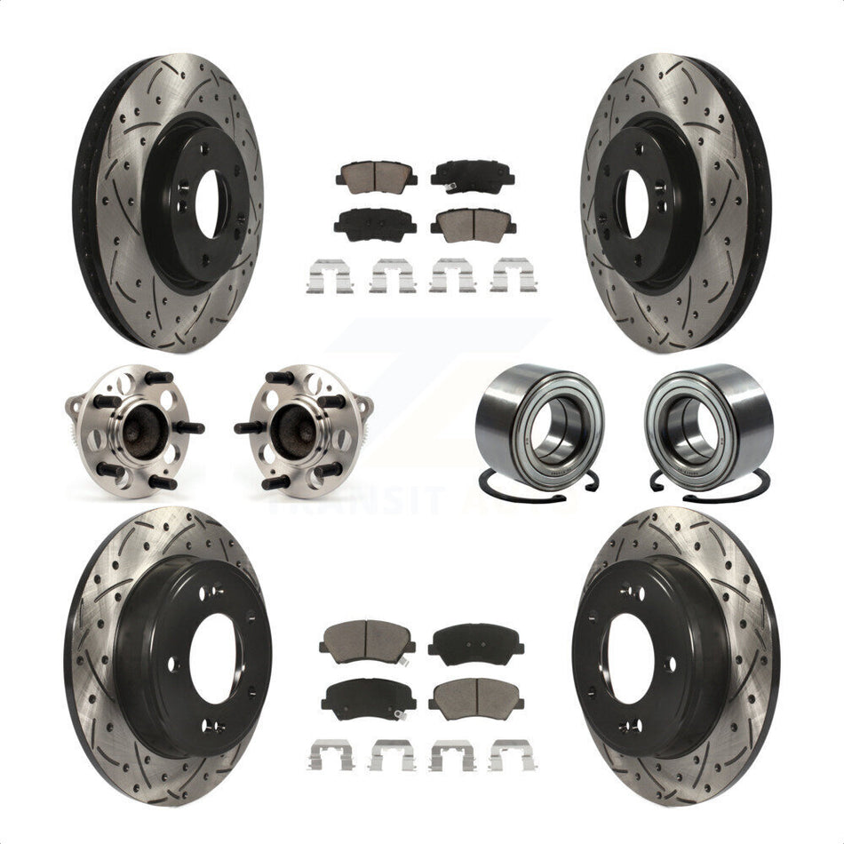 Front Rear Wheel Hub Bearings Assembly Coated Disc Brake Rotors And Ceramic Pads Kit (10Pc) For 2015 Hyundai Veloster Tech RE FLEX SE KBB-117501 by Transit Auto