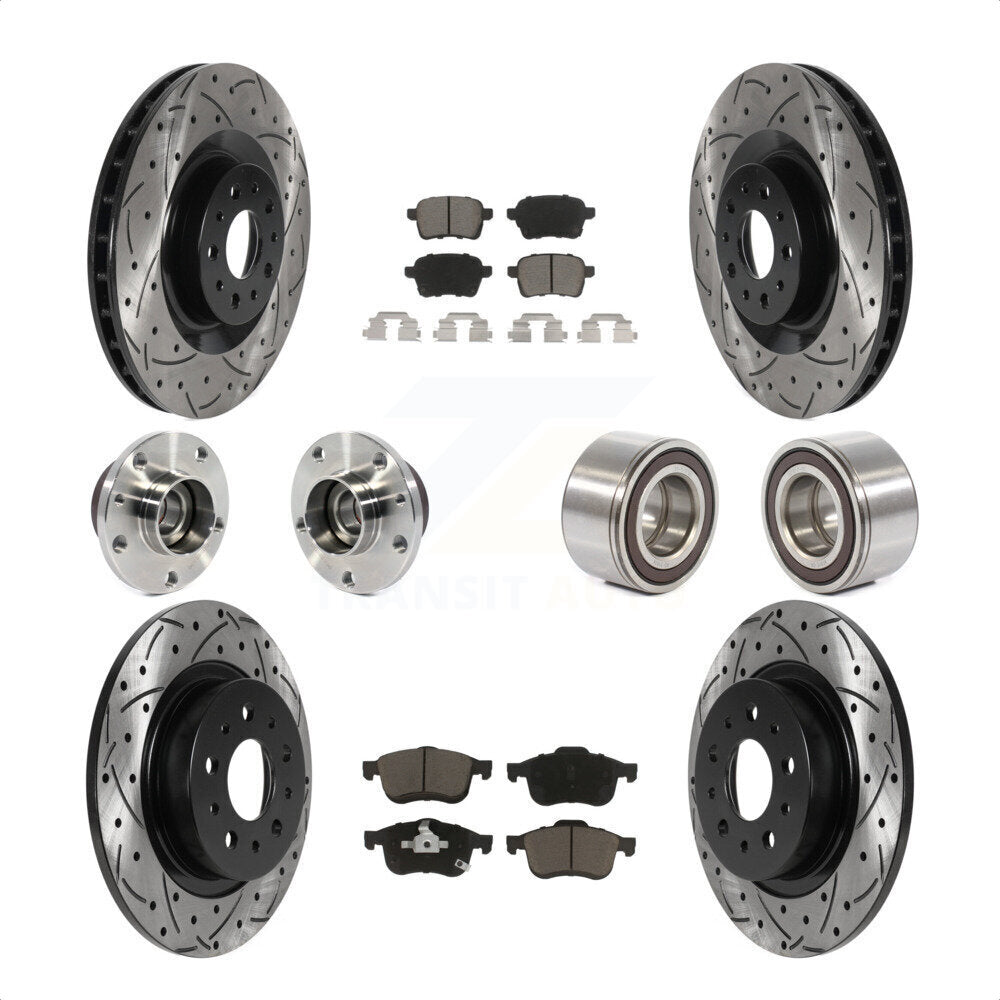 Front Rear Wheel Hub Bearings Assembly Coated Disc Brake Rotors And Ceramic Pads Kit (10Pc) For 2014-2017 Fiat 500L KBB-117534 by Transit Auto