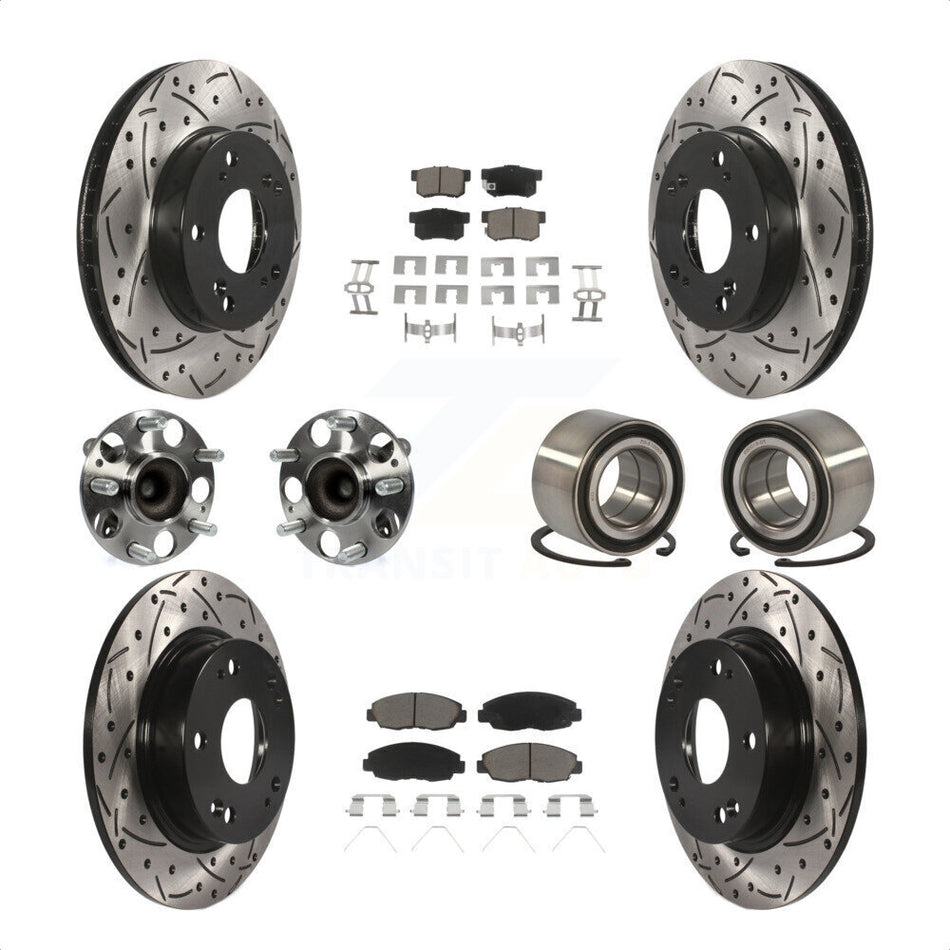 Front Rear Wheel Hub Bearings Assembly Coated Disc Brake Rotors And Ceramic Pads Kit (10Pc) For 2012 Honda Civic LX Vehicles Manufactured In Canada KBB-117581 by Transit Auto