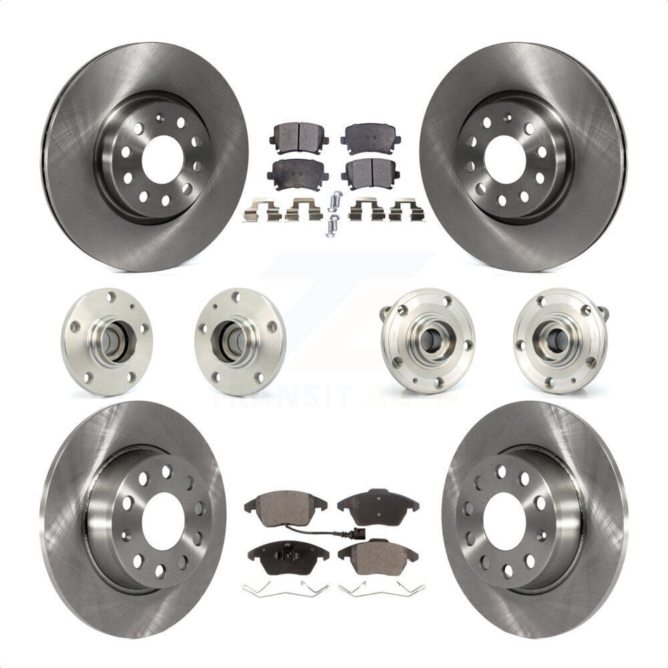 Front Rear Hub Bearings Assembly Disc Brake Rotors And Semi-Metallic Pads Kit (10Pc) For 2011 Volkswagen GTI With 32mm bearing KBB-119748 by Transit Auto