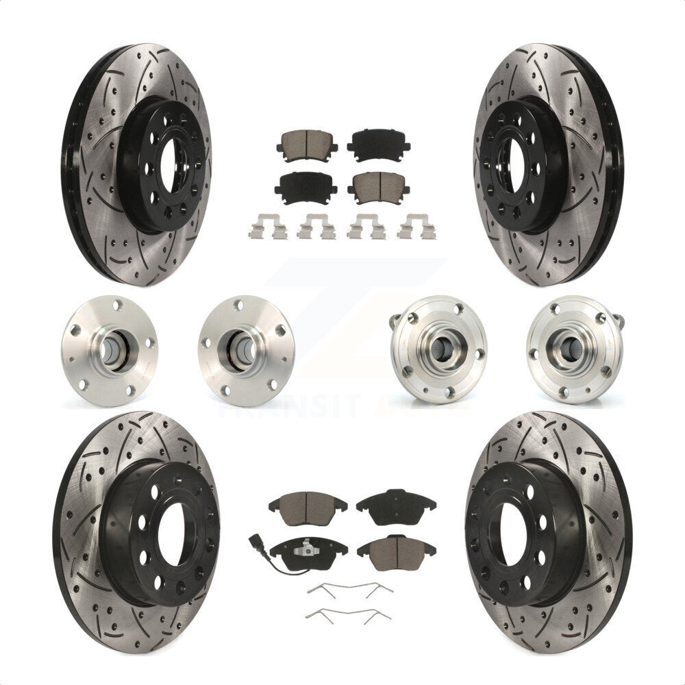 Front Rear Hub Bearings Assembly Coated Disc Brake Rotors And Ceramic Pads Kit (10Pc) For 2006-2009 Volkswagen Rabbit 4 Bolt Mounting Flange KBB-120000 by Transit Auto